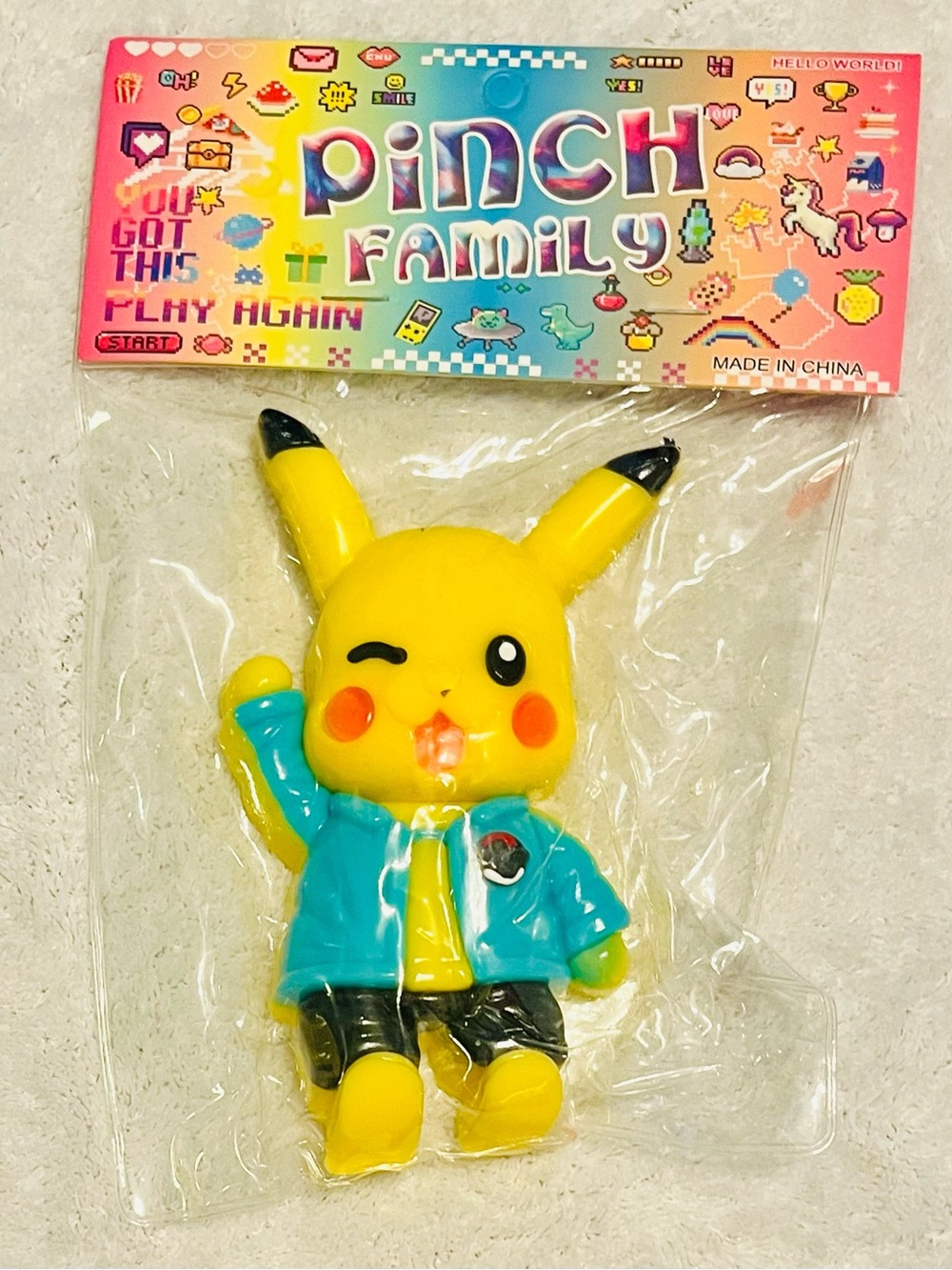 Yellow Cartoon Pikachu-Inspired Squeeze Toy - Blue Jacket